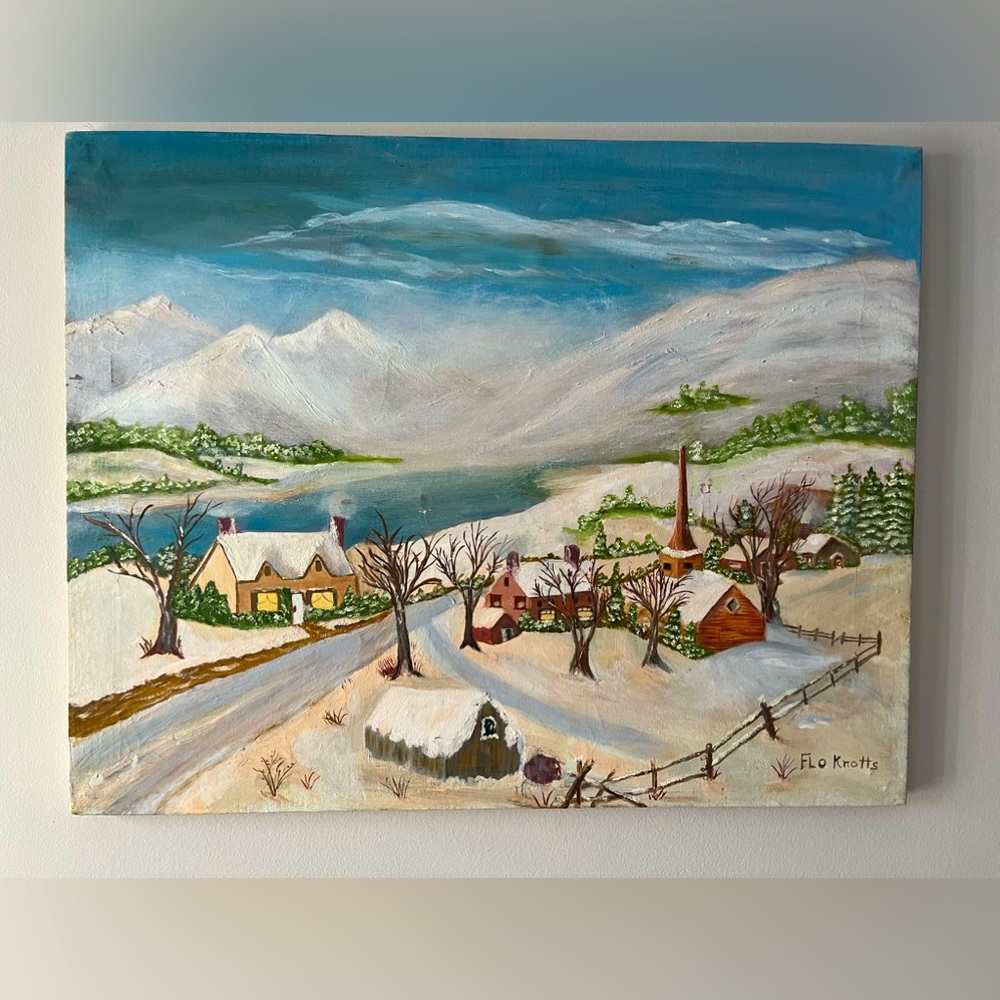 Original painting- winter village scene - vintage - 1950s - Signed by artist